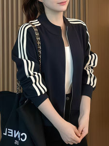 Womens Pure Cotton Striped Long Sleeve Zipper Cardigan Jacket Spring Autumn plus Size Belly Concealing Slimming Trendy Top