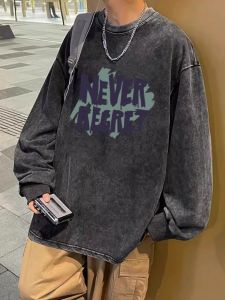 Washed American Style Long Sleeve Sweatshirt Pure Cotton Loose Fit Boys Spring T-Shirt Youth Fashion Basic Crew Neck Shirt