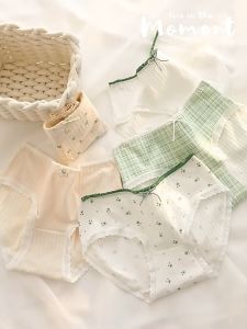 5Piece Cotton Girl Underwear Japanese Simple Fresh Green Floral Cotton Crotch Mid-waist Breathable Briefs Women Panties Girl Clothes