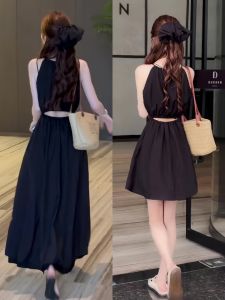 ชุดเดรสยาวคอฮอลเตอร์ทรงเอสไตล์ฝรั่งเศสสำหรับฤดูร้อน 2024 กระโปรงยาวเอวสูงดีไซน์เก๋ไก๋และสง่างาม