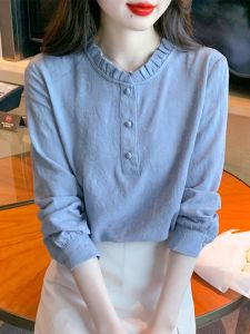 High-End European Style Pure Cotton Long Sleeve Stand Collar Womens Shirt Fashionable Off-Shoulder Cotton Linen Top