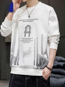 ROMON | Romon Mens Round Neck Sweatshirt Casual Long Sleeve T-Shirt Fashionable Loose Print Top For Spring Autumn Urban Youth