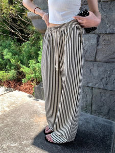 High Waist Wide Leg Pants Womens Casual Black Stripes Thin Style Autumn Thin plus Size Lazy Style Straight Tube Trousers