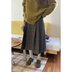 Hellooo Eat Vintage Plaid Pleated Thick Woolen A-Line Skirt Womens Winter Mid-Length Commute Korean Style Natural Waist