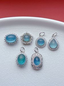 S925 Sterling Silver Accessories Inlaid Aquamarine Beanie Spacer Beads Water Drop Pendant Small Drip DIY Bracelet Braid Rope