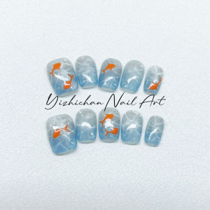Nghệ Thuật Làm Móng Tay Thủ Công Blue Gradient Water Wave Pattern Fish Pure White Nail Art Stickers Dễ Thương Và Dễ Sử Dụng