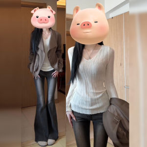 เสื้อชั้นในถักคอวีแขนยาวสำหรับผู้หญิง ฤดูใบไม้ร่วง/ฤดูหนาว เสื้อสเวตเตอร์ทรงสลิมฟิต นุ่ม อบอุ่น หรูหรา เสื้อผ้าทำงาน