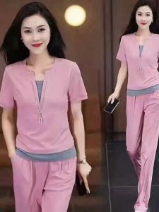 Casual Sportswear Set Womens Summer New Stylish Age-Defying Fake Two-Piece Short-Sleeve Wide-Leg Pants Two-Piece Set