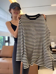 Contrast Color Stripes Mid Length Long Length Split round-Neck Long Sleeves T-Shirt New Arrival Female 2024 Best Selling Early Autumn Loose Inner Wear Blouse