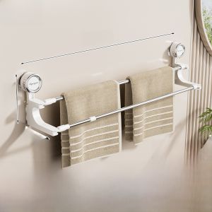Luxury Suction Double Rod Rotating Expanding Towel Rack Bathroom No Drilling Wall Mounted Storage Hanging Rod Bathroom Shelf