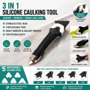 3-in-1 Caulking Tool Kit with 5 Silicone Pads Stainless Steel Sealant Remover & Grout Scraper for Kitchen Bath Window Joints
