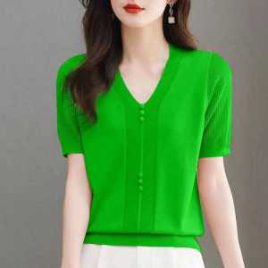 Ice ผ้าไหม คอวี แขนสั้น ถัก เสื้อท่อนบน ผู้หญิง แฟชั่น ฤดูร้อน หลวม พรางหุ่น เสื้อยืดยาวสั้น ใส่สบาย ระบายอากาศได้ดี Upper Body