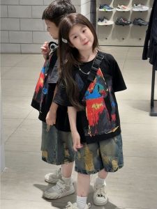 Cool Summer Cartoon T-Shirt And Jeans Set for Brother And Sister Korean Style Short Sleeve Two-Piece Set Breathable And Stylish