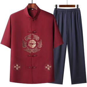 ชุดชุดจีนฝ้ายลินินสไตล์จีนสำหรับผู้ชายแขนสั้นปักเสื้อ + กางเกงไซส์ใหญ่เสื้อผ้าผู้ชายชุดคุณปู่แบบลำลองสำหรับงานแต่งงาน Samfu Hanfu Hanfu