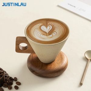 JUSTINLAU Retro Coffee Cups Heat-proof Conical Ceramic Coffee Cups Afternoon Tea Cup with Wood Base&Handle Coffee Utensils