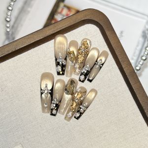 10pcs Cat Eyes False Nails Gold Black Autumn Press on Nails with Butterfly Rhinestone for Women Thanksgiving Party DIY Manicure