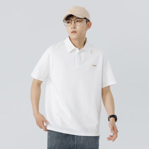 Mens Short Sleeve Polo Shirt Silk Cotton Letter Print Turn-down Collar Trendy Top Breathable Loose Fit Summer Casual Wear