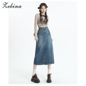 Zebina กระโปรงเดนิมความยาวระดับกลางเอวลอยเข้ารูปผ่าแบบย้อนยุคทรงเอกระโปรงไซส์ใหญ่กระโปรงสะโพก 12.12 Biggest Sale