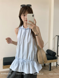 Áo Sơ Mi Cổ Polo Không Tay Màu Trơn Mùa Hè Cho Nữ Dáng Rộng Thoải Mái Thiết Kế Đặc Biệt Hở Vai Phong Cách Pháp Giản Dị