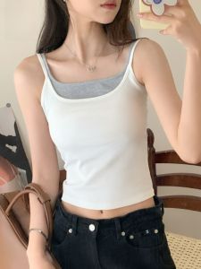 MIANXIANZHI | Womens Integrated Color Block Tank Top With Chest Pad Summer Inner Wear Strap Vest Fashionable Back Design Short Style
