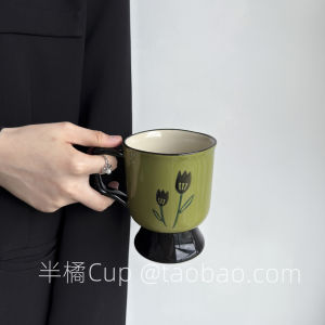 Large Capacity Tulip Ceramic Mugs Afternoon Tea Cup Vintage Green Yellow Orange Colorful Glazed Underbody Craft Handmade Gift