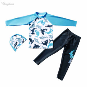 Swimming Outfit for Kids Boys Rash Guards for Boys Two Pieces Swimwear for Child Light Blue & Sharks Print Baby Long Sleeve Beachwear Teens Swimsuit with Swim Cap 2-12 Y