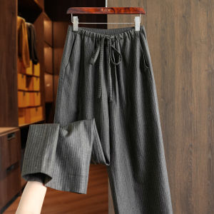 Gray Wool Linen Floor-Length Straight Leg Suit Pants Womens Commute Slimming Fashionable Belted Retro Striped Casual Pants