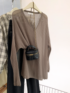 Café Color Thin Ice Silk Knitted Long Sleeve T-Shirt Women Summer New Small Size Layered Wear Sun Protection Cover up Top