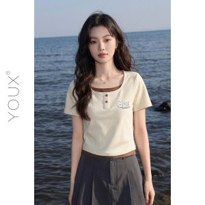 YOUXIANG | Áo Thun Pseudo Hai Mảnh Màu Khối