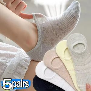 5Pairs White Openwork Ankle Socks Silicone Heel Anti-Slip Invisible Boat Socks Comfy Breathable Soft Ultra-thin Womens Socks