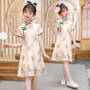 Girls Short Sleeve Embroidered Cheongsam Dress Summer New Style Floral Print Cotton Gown Female Teens Childrens Clothing