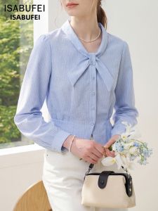 isabufei | Romantic Bow Collar Stripe Shirt New Spring Long Sleeve Casual