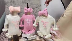 2Pcs Set Knitted Newborn Photography Outfits with Bow Headband Bow Embroidery Baby Girl Ruffle Romper Infant Knitting Sweater