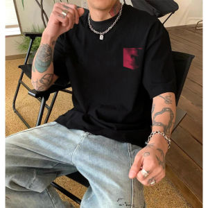 Street Style Mens T-Shirt Summer Heavyweight Pure Cotton Short Sleeve Fake Pocket Small Collar Versatile Breathable Casual Top