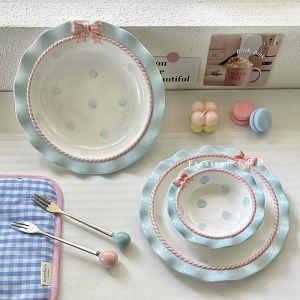 Thanh Lịch Bộ Bánh Nút Thắt Bướm Đĩa Xanh Nhạt Bít Tết Đĩa Sóng Edge Món Ăn Sứ Phong Cách Hàn Quốc Nguyên Tố Tươi Tròn Đĩa Phẳng