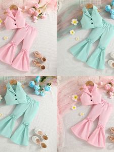 Summer New Pure Color Turn-down Collar Sleeveless Top with Butterfly Knot Flared Pants Girls Set Cotton Blend Fabric Streetwear