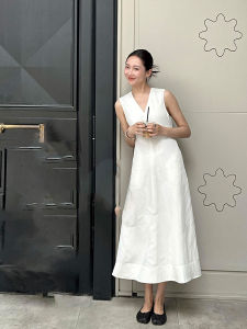 French Minimalist White V-Neck Sleeveless Vest Dress Summer Gathered Waist Long Linen Vest White Dress Commute Style Summer Season