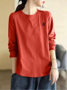 Slimming Effect Pure Cotton Long Sleeve Base Shirt Womens plus Size Loose Fit T-Shirt Casual Spring Autumn Top