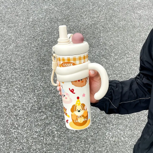 แก้วน้ำเก็บความเย็นขนาด 700 มล. พร้อมหลอด - แก้วสุญญากาศสองชั้น ป้องกันการรั่วซึม พร้อมหูจับกว้าง สำหรับเครื่องดื่มร้อน/เย็น