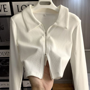 White Lapel Double Zipper Knitting Cardigan Female Fall Slim Fit Inner Wear Base Long Sleeves Bandage Dress Short Polo Tops