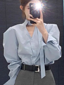 เสื้อเชิ้ตแขนยาวสีน้ำเงินสไตล์ฝรั่งเศส ทรงหลวม คอวี ปักลาย ทรงหลวม ทรงปกติ ฤดูใบไม้ผลิ 2025 สำหรับผู้หญิง