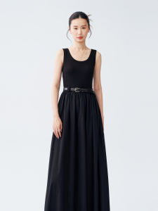 Simplified Style Black Knitted Splicing Waist Elastic Dress with Belt