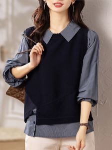 Stripes Shirt Womens Spring & Fall Plus Size Womens Clothing Plus Size Ladies Loose Belly-Covering Fake Two Pieces Shirts Tops Western Style 100.00kg