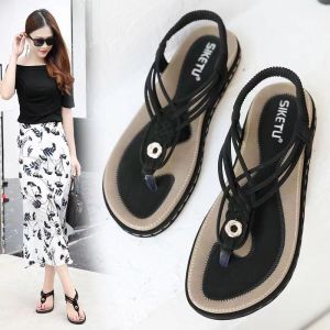 【36-42】Womens Shoes New Ladies Sandals Womens Metal Woven Flat Slippers Non-Slip Casual Flip-Flops
