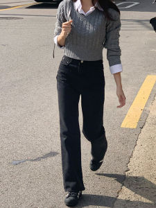 High Waist Wide Leg Black Denim Jeans Women Loose Fit Slimming Short Taller Nine Points Straight Floor-Length Pants