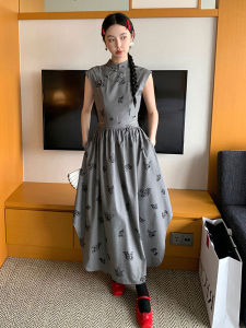 Elegant New Chinese Style Waist-Cinched Dress Summer 2025 Fashionable National Trend Unique Beautiful Long Sleeve Printed Gown