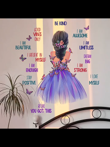 สติ๊กเกอร์ติดผนังลายผีเสื้อสาวขนาด 1 เมตร สติ๊กเกอร์ติดผนังลายผีเสื้อสาวภาษาอังกฤษ สติ๊กเกอร์ติดผนังตกแต่งห้อง สติ๊กเกอร์ติดผนังแบบมีกาวในตัว