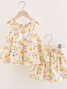 Summer New Arrival Baby Girl Cotton Silk Set Top Bottoms Two Piece Suit Infant Clothing Korean Style Floral Print Lightweight