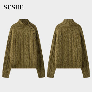 SUSHE | Commuter Style Rabbit and Wool Turtleneck Asymmetric Slanted Buttoned Knitted Texture Sweater