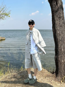 Gray Summer Cold Tone Washed out Jeans Set Shirt And Five-Piece Pants Cotton Casual Sportswear for Young Men Chinese Manufacturer